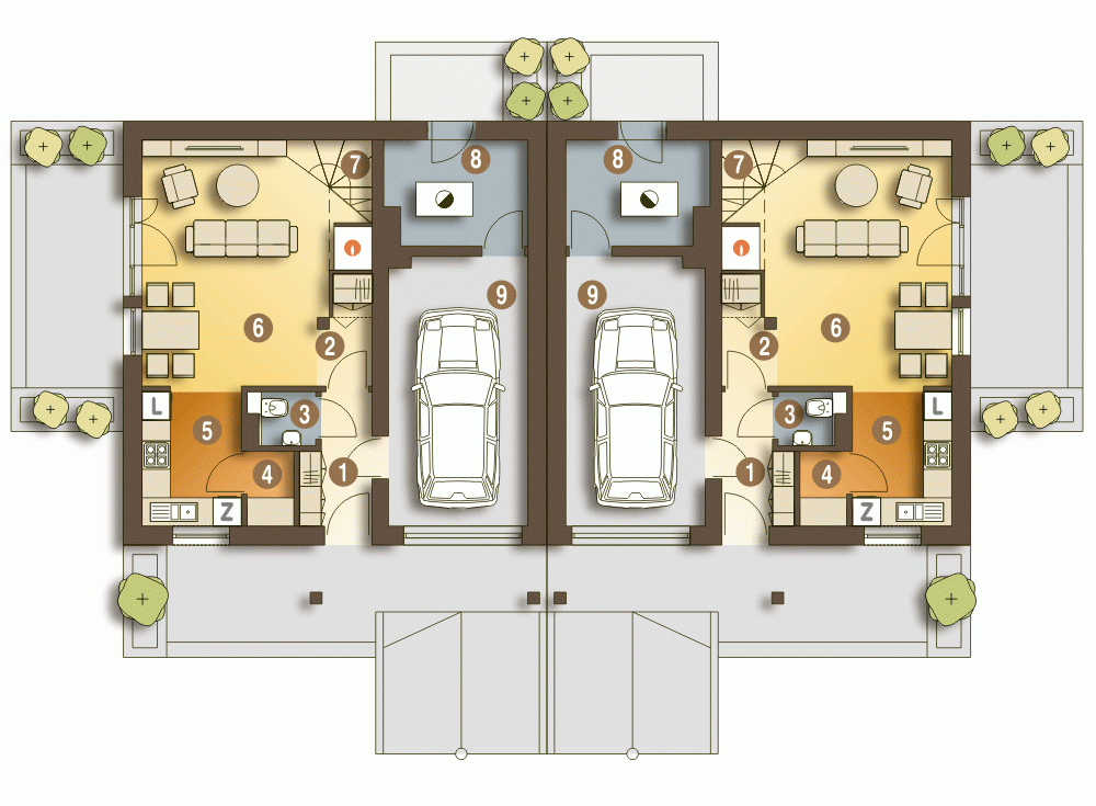 Rzut projektu Turkawka bliźniak BL1 z garażem - Parter