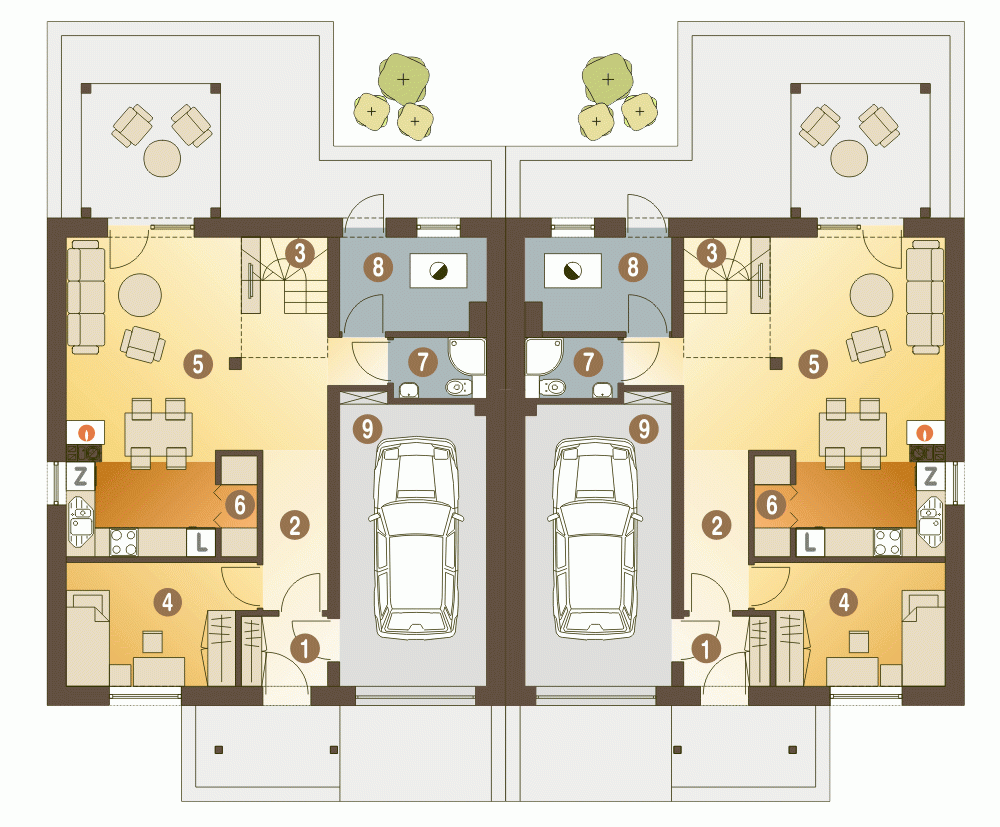 Rzut projektu Jarząbek II bliźniak BL1 z garażem - Parter