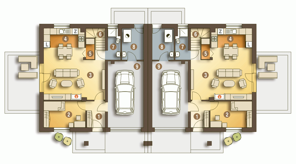 Rzut projektu Nowinka III bliźniak A-BL1 z garażem - Parter