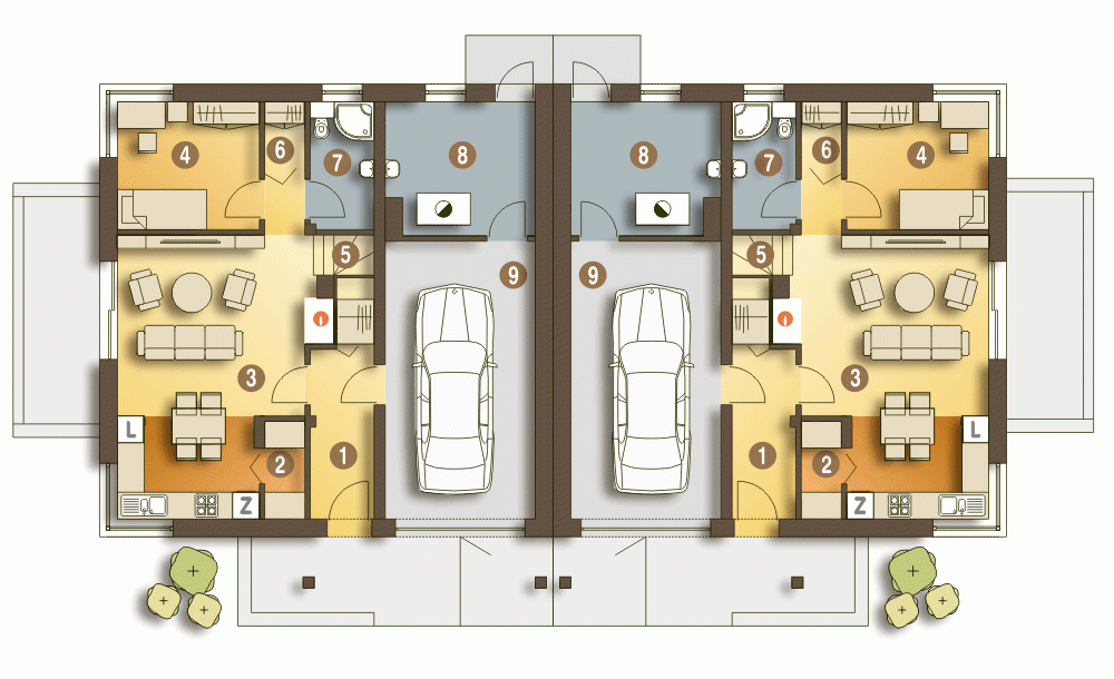 Rzut projektu Nowinka IV bliźniak A-BL1 z garażem - Parter