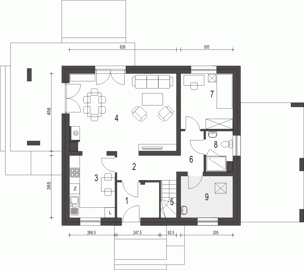 Rzut projektu Monika III z wiatą - Parter