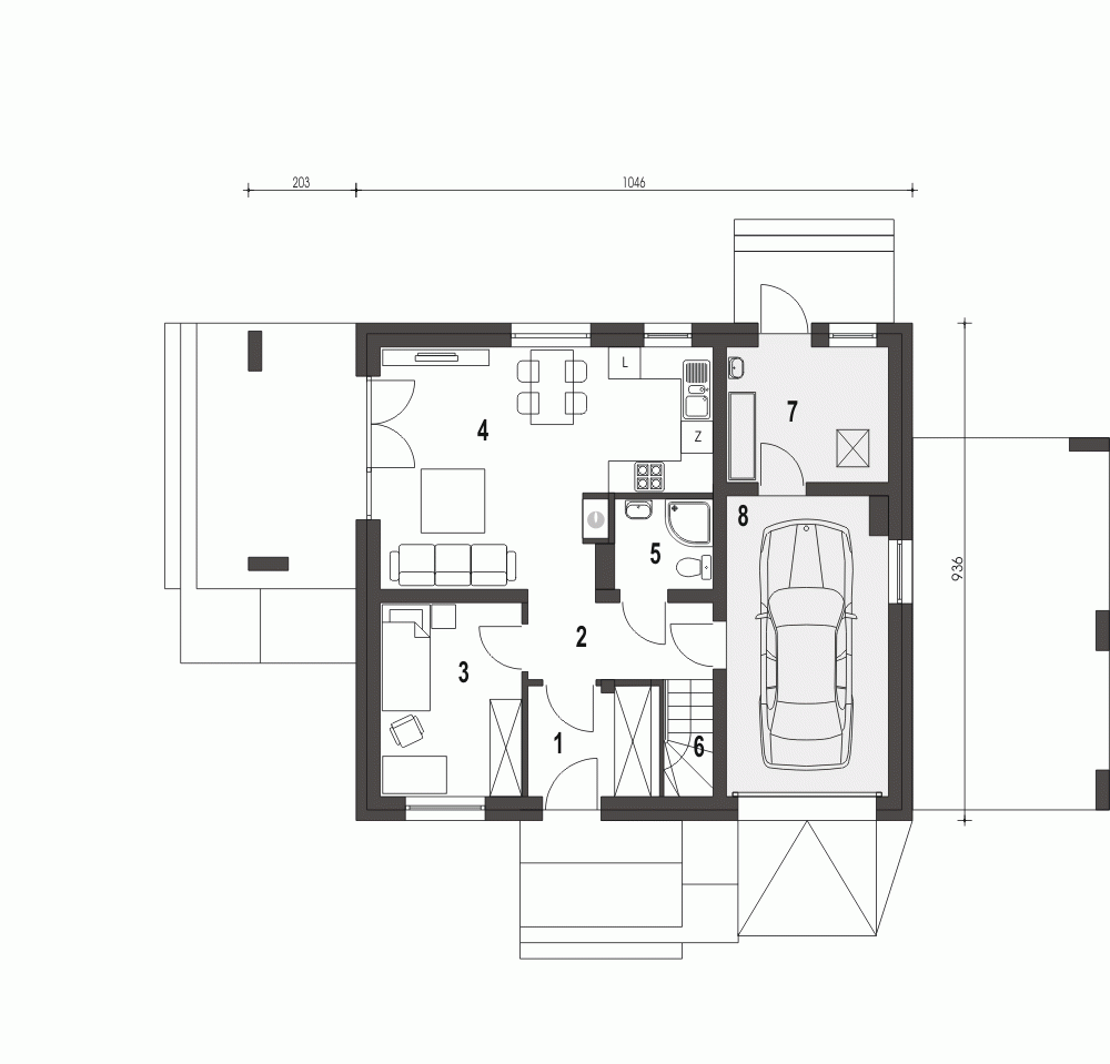 Rzut projektu Monika z wiatą - Parter