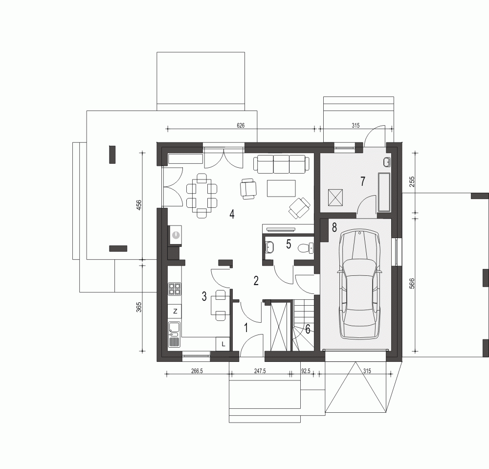 Rzut projektu Monika II z wiatą - Parter