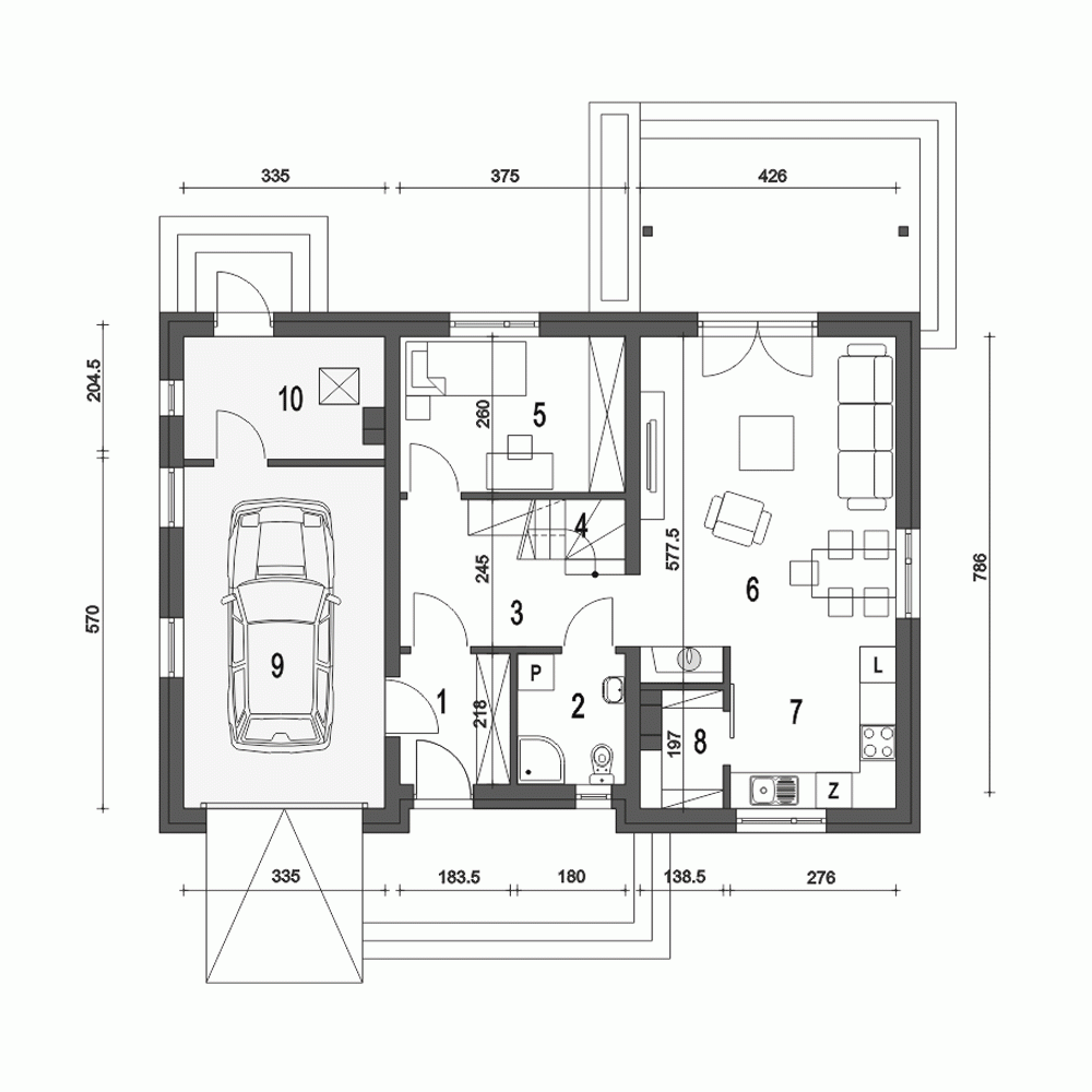 Rzut projektu Westa z garażem - Parter