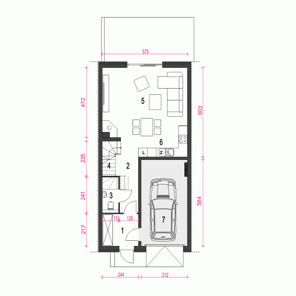 Rzut projektu Jukka A1-SZP z garażem - Parter