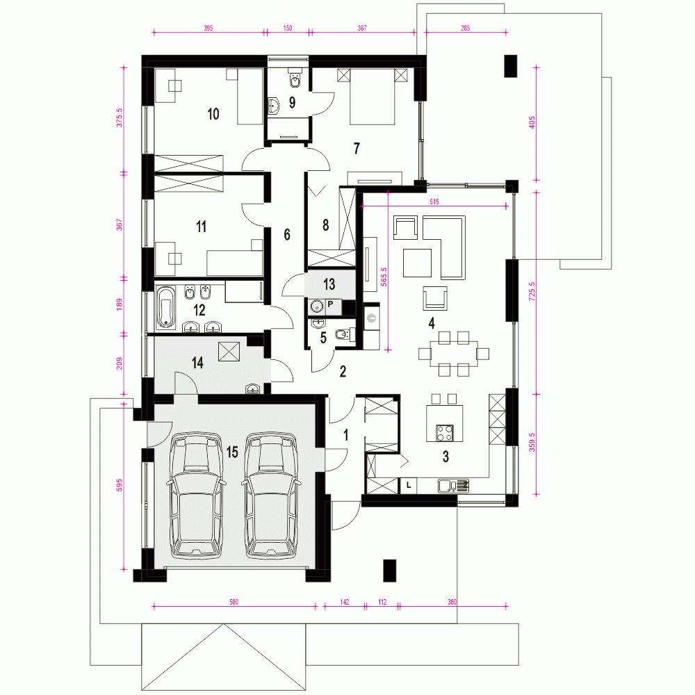 Rzut projektu Bursztyn z garażem 2st. - Parter