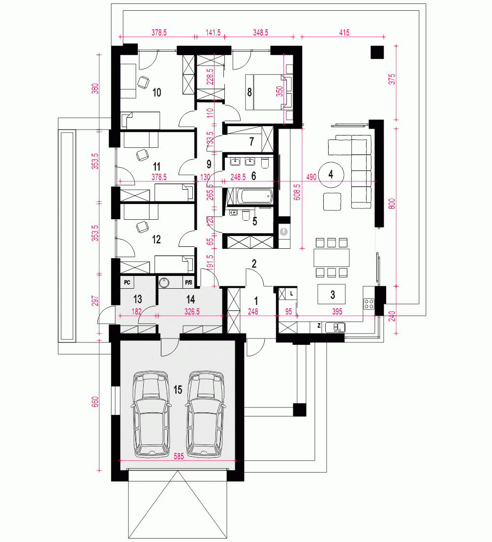 Rzut projektu Laura II z garażem 2st. - Parter