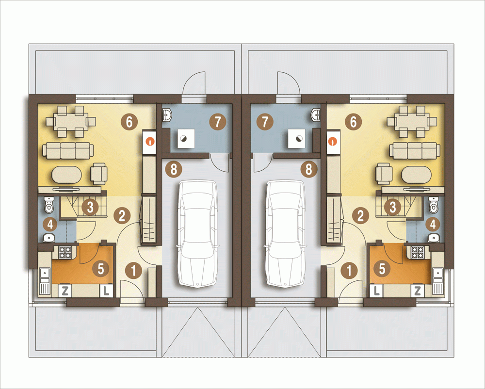 Rzut projektu Szczęśliwa bliźniak BL1 z garażem - Parter