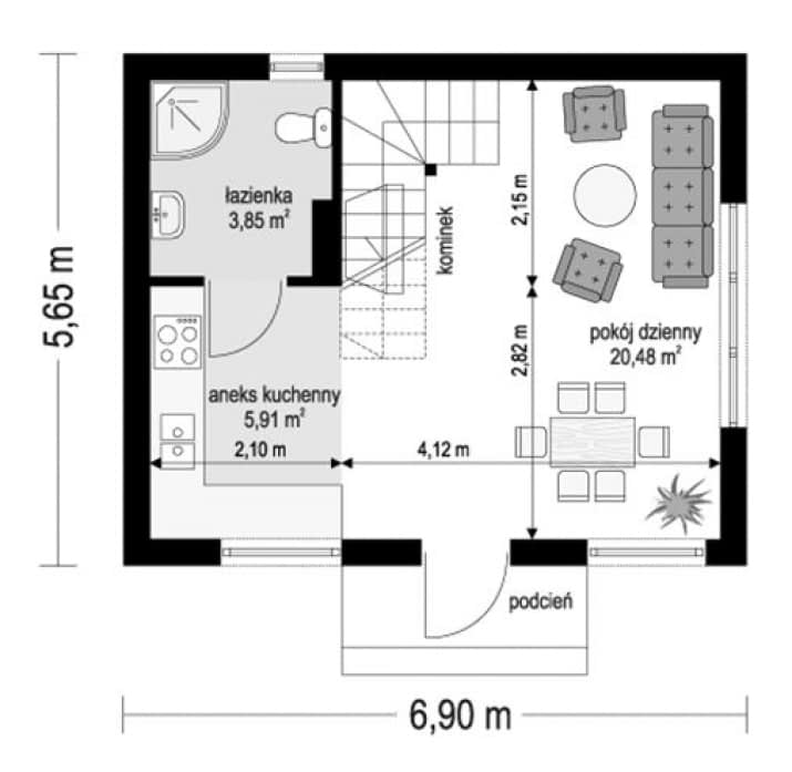 Projekt domu Sosenka wariant G – wizualizacja 3D rzutu parteru