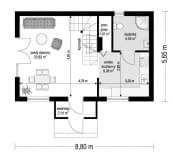 Projekt domu Sosenka wariant L – wizualizacja 3D rzutu parteru (odbicie lustrzane)