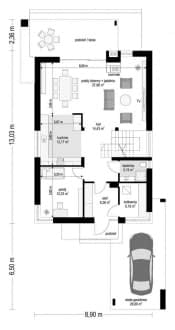 Projekt domu Miejski 4 – wizualizacja 3D rzutu parteru